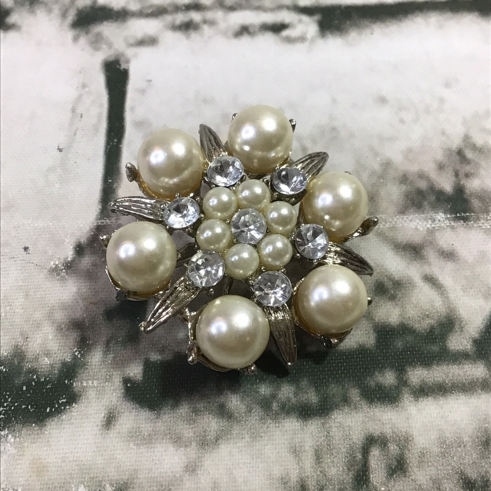 Vintage Rhinestone Faux Pearl Brooch Star Burst Cluster Costume Jewelry Pin